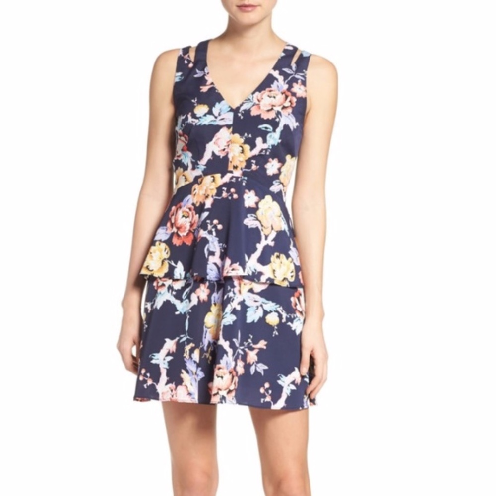 Adelyn Rae Navy Floral Peplum Mini Dress